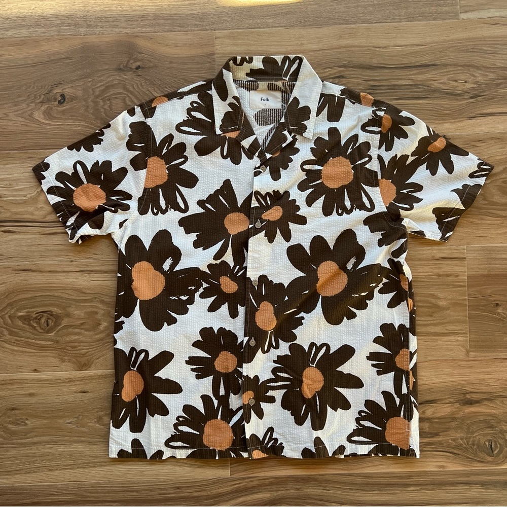 Folk Brown White Floral Button Down Shirt NWT Mens Large